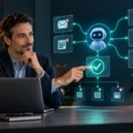 Empresario supervisando agentes de IA para empresas conectados a varios procesos