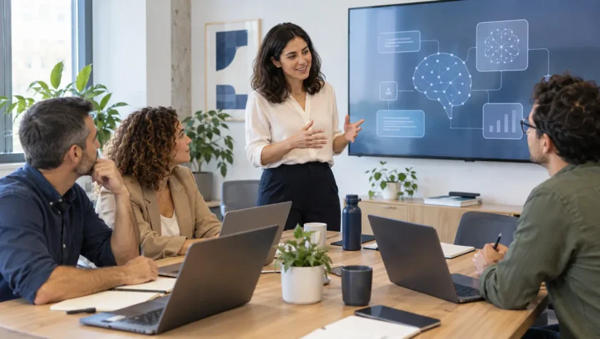 Formación en IA para empresas con un equipo realizando un taller práctico